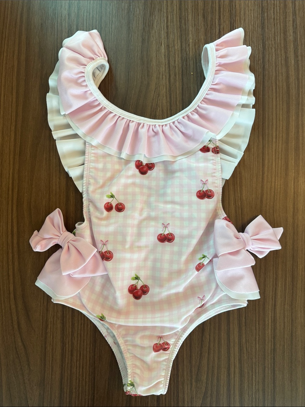 Girls' Pink Cherry Ruffle One-Piece Swimsuit with Side Bows